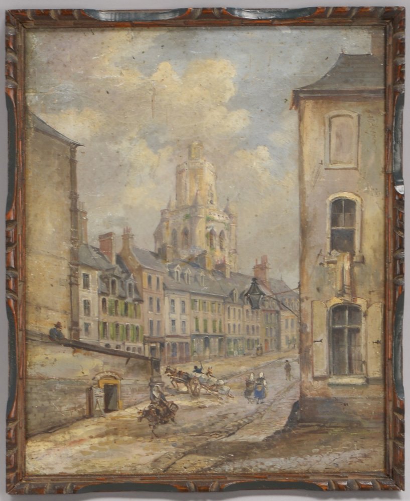 Gemälde, alt, 'Straßenszene mit Fuhrwerk', Öl/Malpappe, unten re. sign.