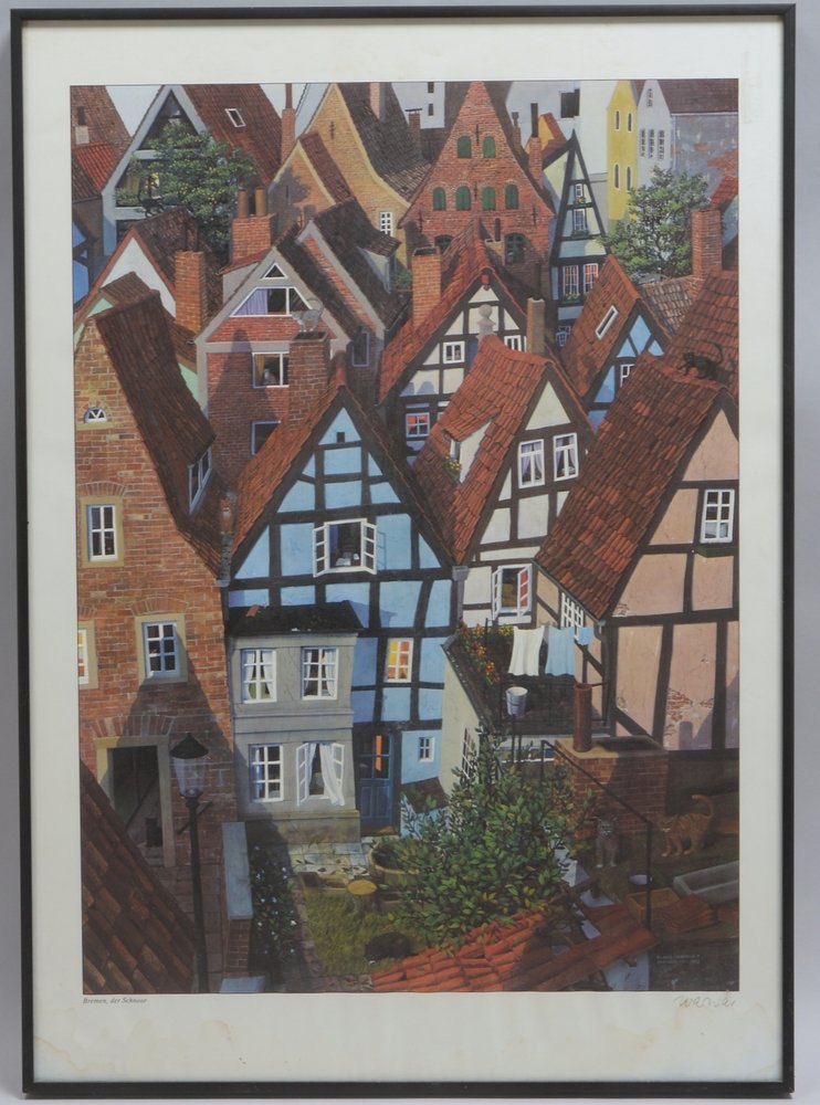 Warwas (Bremen), 'Bremen - der Schnoor', Kunstdruck, unten re. bleisign., hinter Glas