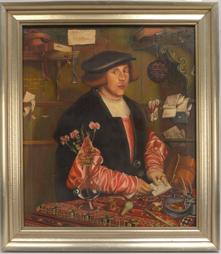 Gemälde, 'Fugger-Bildnis' - Interieur mit Schuld-/Pfandscheinen, Öl/Lw, unsign.