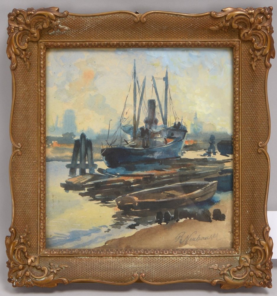 Neuhauser, 'Hamburger Hafen', Aquarell, unten re. bleisign., gerahmt; Maße 23 x 22 cm