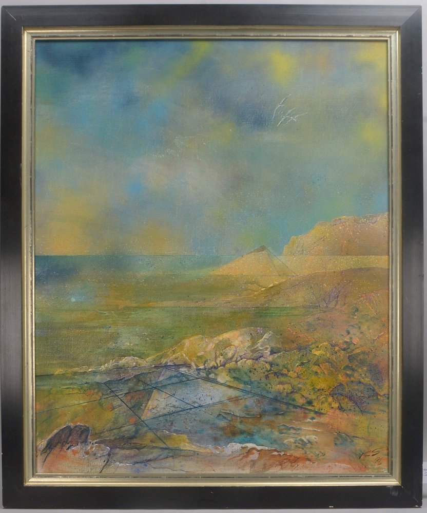 Straubinger, Klaus, 'Landschaft mit Pyramide', Öl/Lw, unten re. monogrammiert