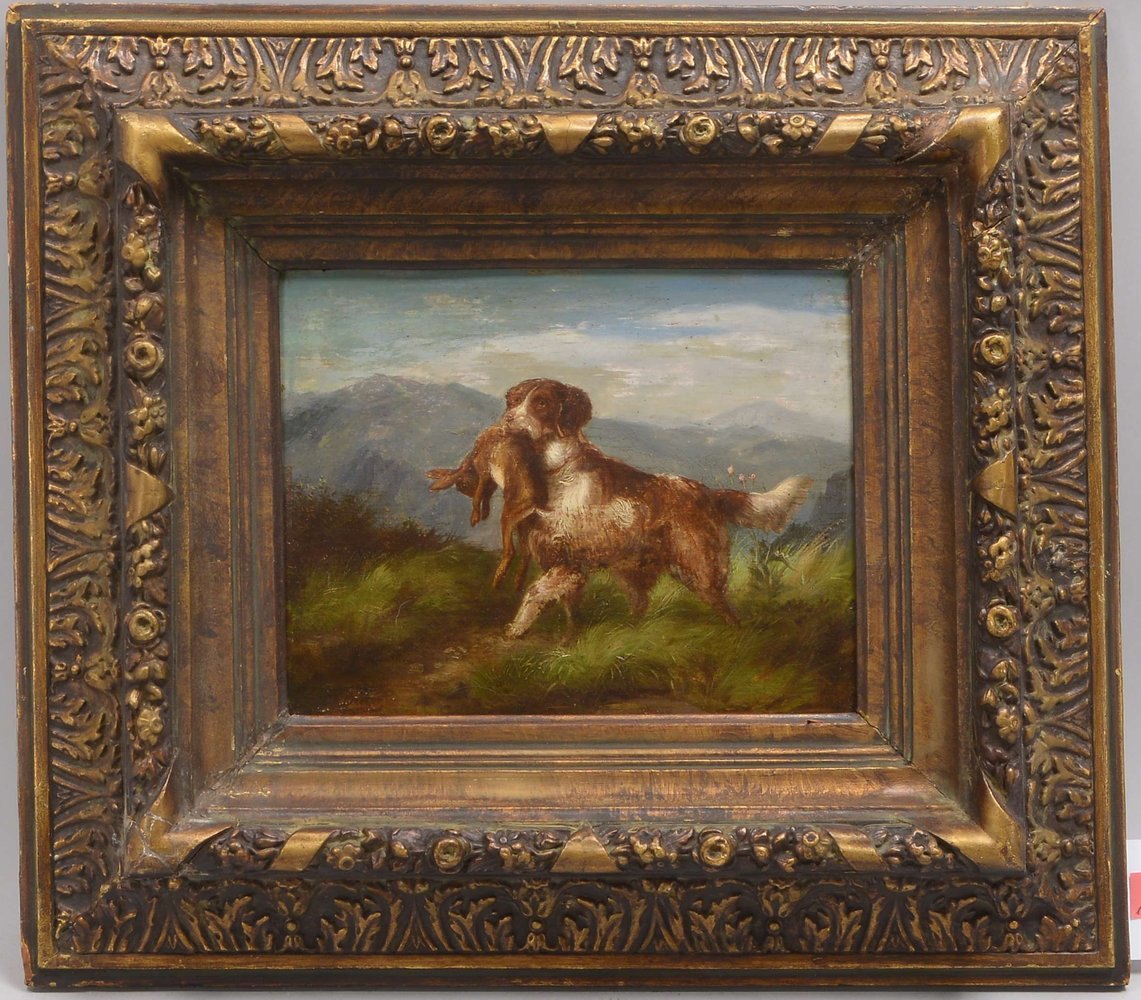 Gemälde, 'Jagdhund mit Beute', Öl auf Holz/gerahmt, unten links (nicht eindeutig leserlich) signiert