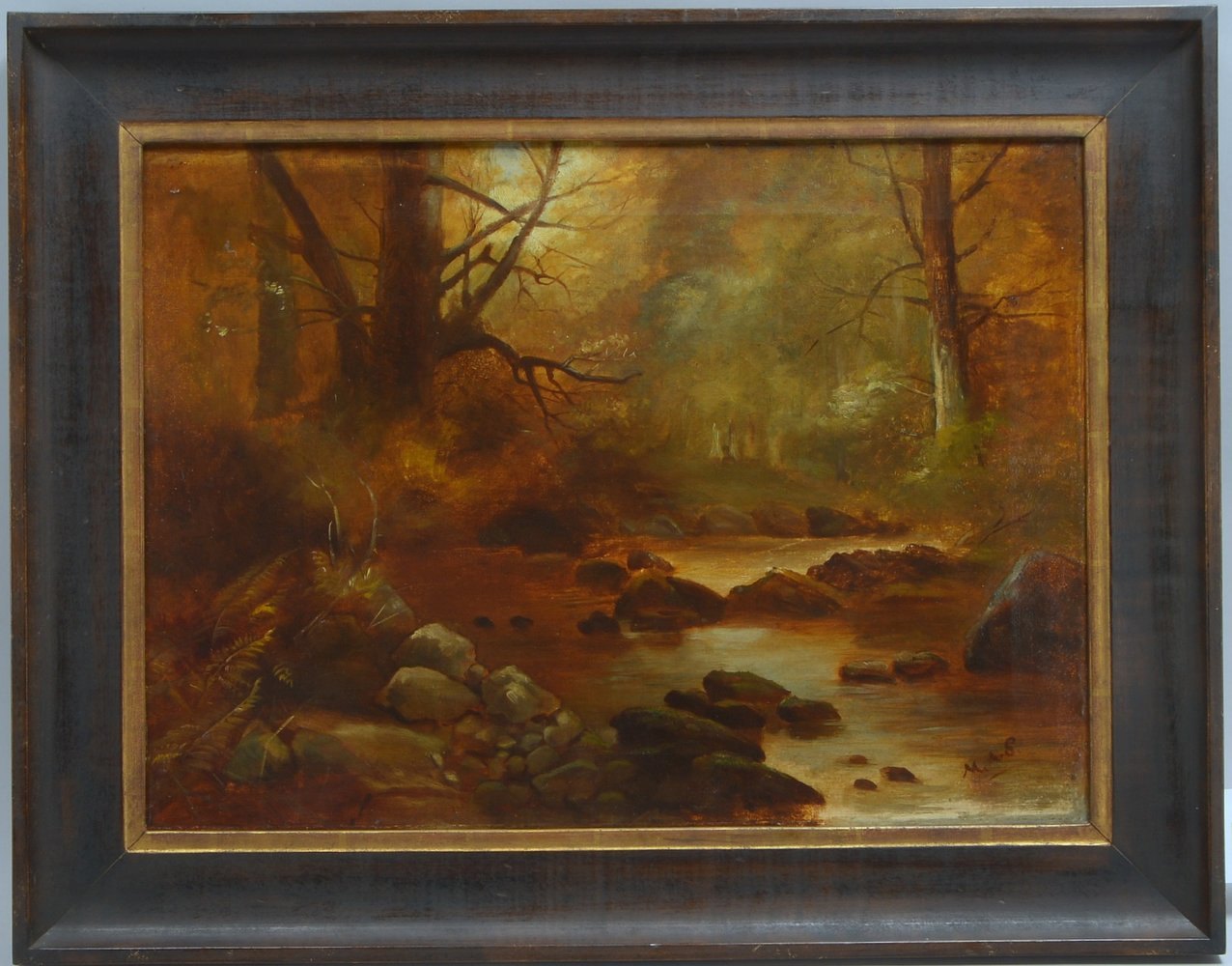 Monogr. M.A.S. (London, um 1900), 'Wald mit Bachlauf und Personen', Öl/Lw