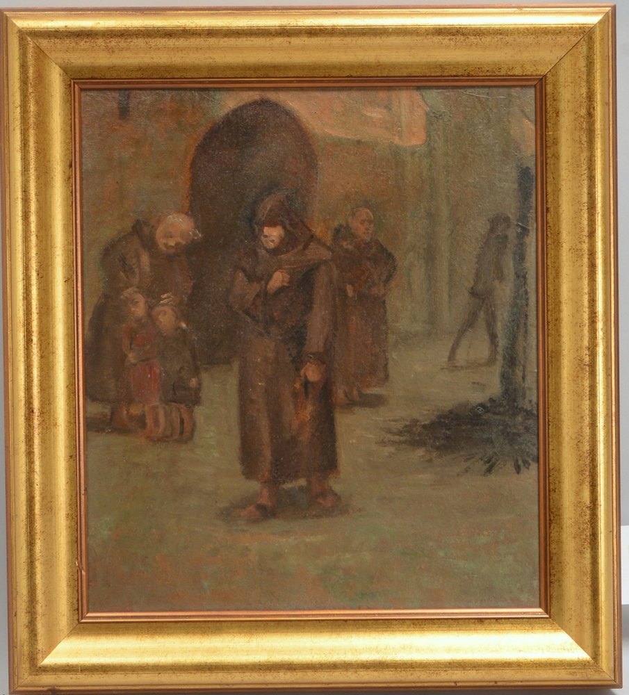 Gemälde, 'Drei Mönche mit Kindern', Öl auf Platte, unsigniert, Maße 32,5 x 37 cm