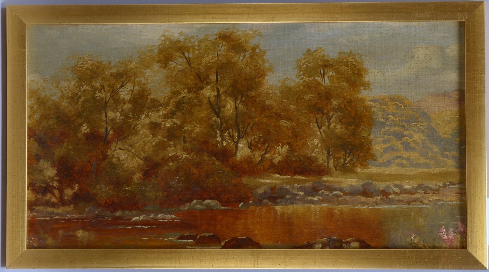 Gemälde, 'Herbstwald am Fluss', Öl/Lw, unsigniert; Maße 28 x 53 cm