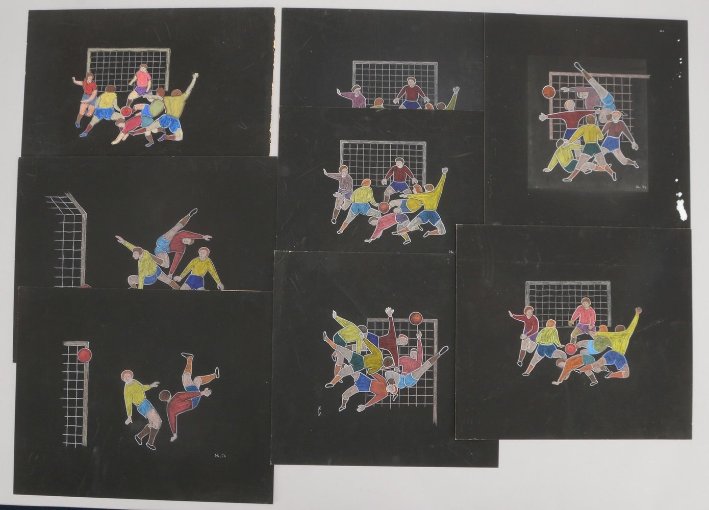 Görsch, Buntstiftzeichnungen zum Thema 'Fußball', 7x Blätter, ungerahmt
