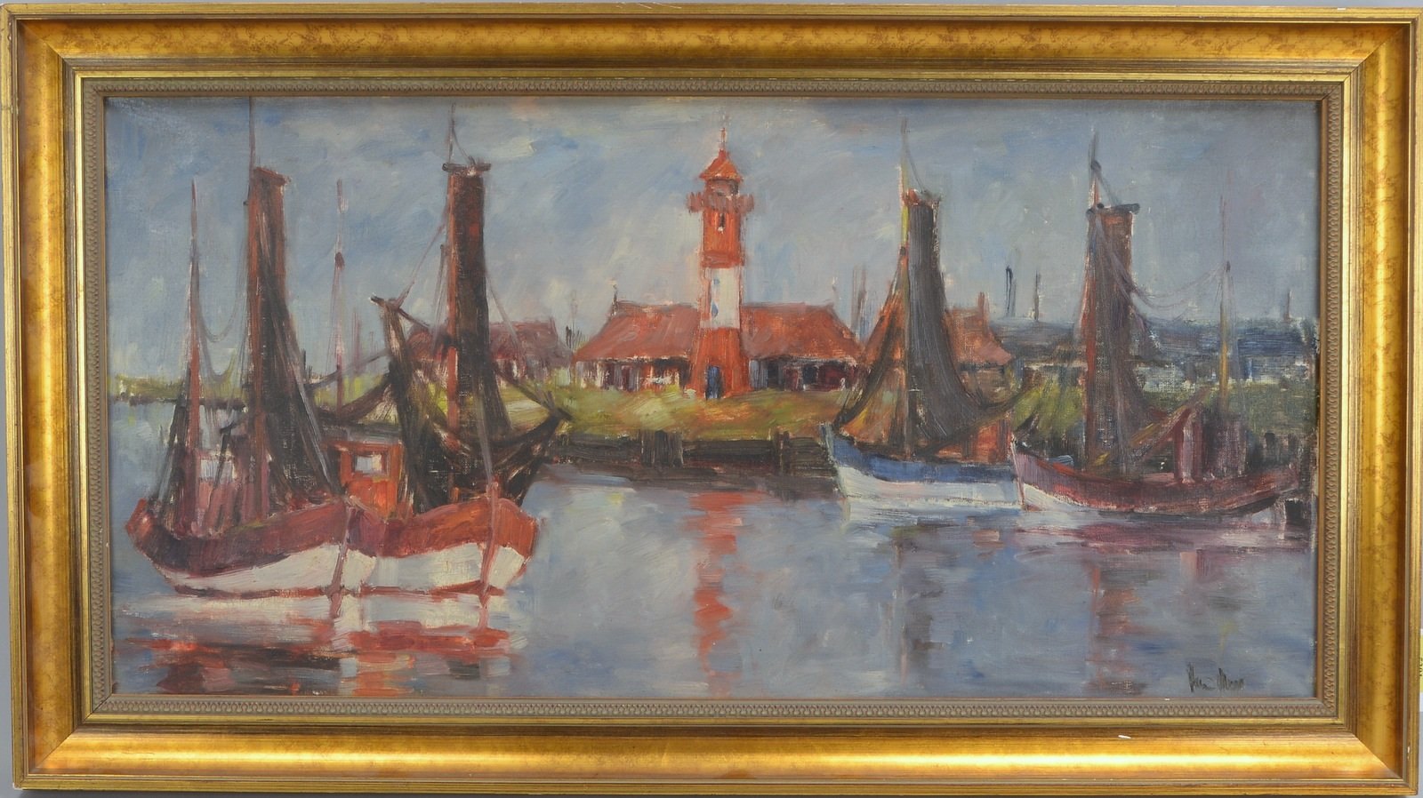 Gemälde, 'Fischkutter am Hafen', Öl/Lw, unten rechts sign.; Bildmaße 40 x 80 cm