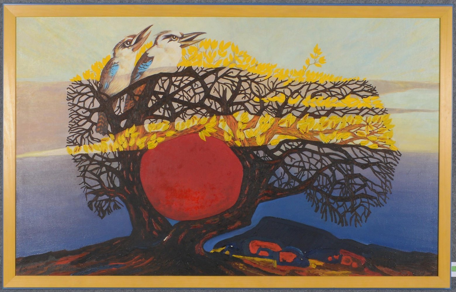 Gemälde (australischer Künstler), 'Kookaburras (australischer Nationalvogel) auf Baum bei Sonnenunte