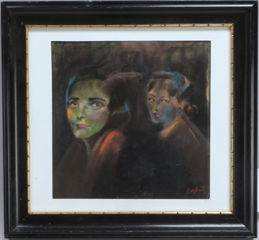 'Portrait zweier Frauen', Wasserfarbe/Öl(-?) auf filzartigem Malgrund, sign., hinter Glas