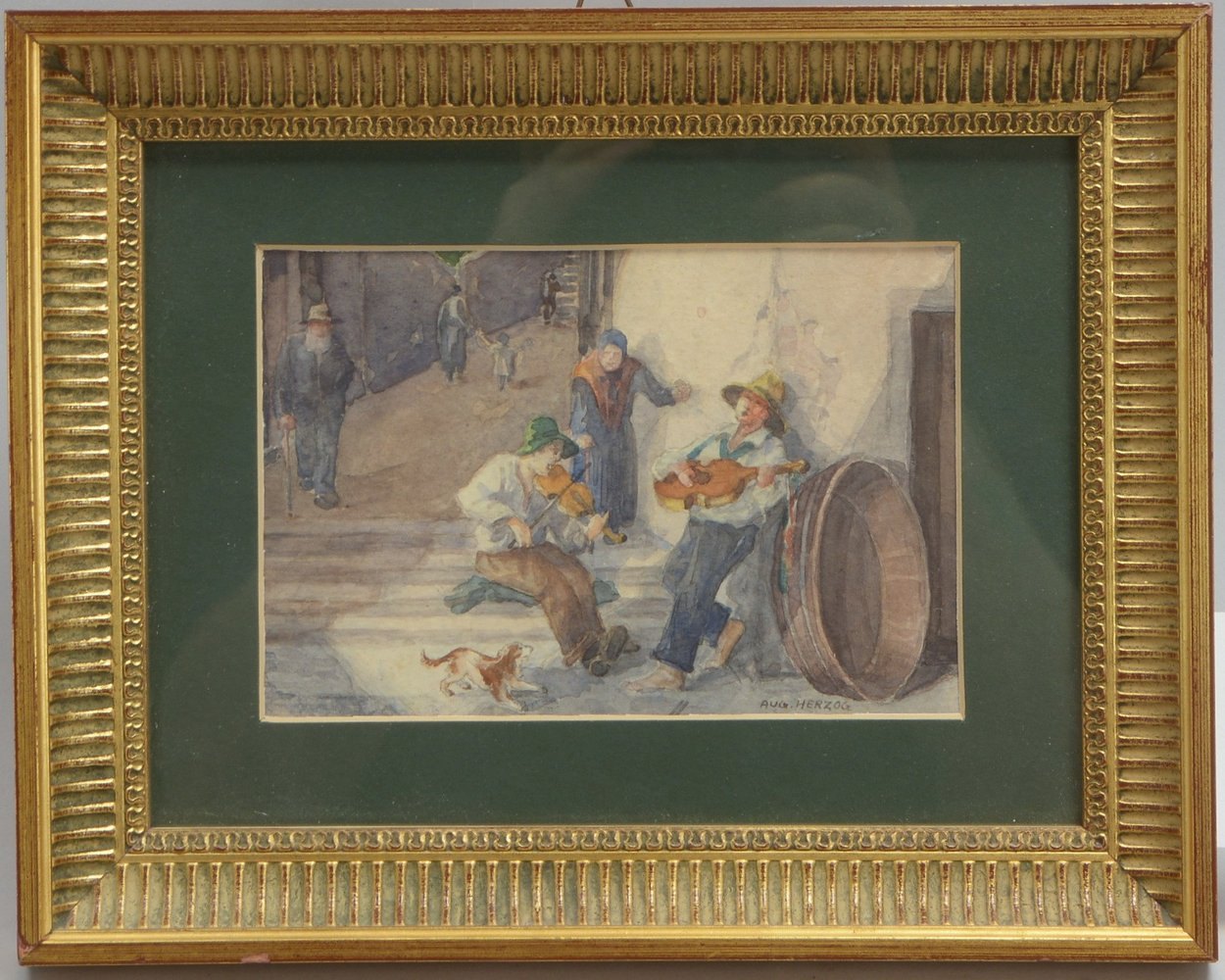 Herzog, August, 'Zwei Musiker in Straßengasse', Aquarell, sign., hinter Glas