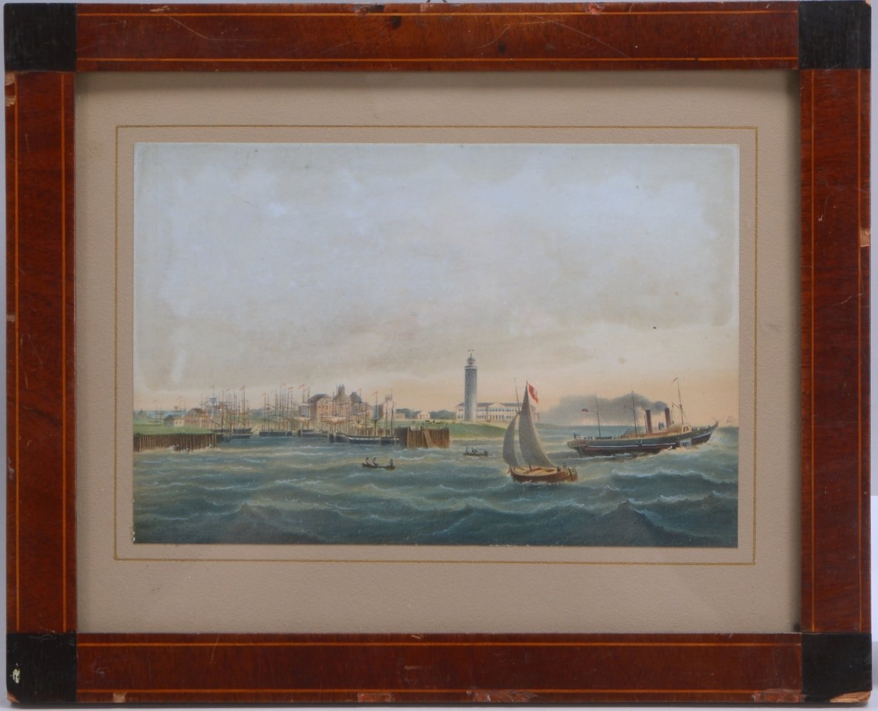 Erler, Heiner(-?), 'Hafenansicht', Lithografie, alt, hinter Glas gerahmt