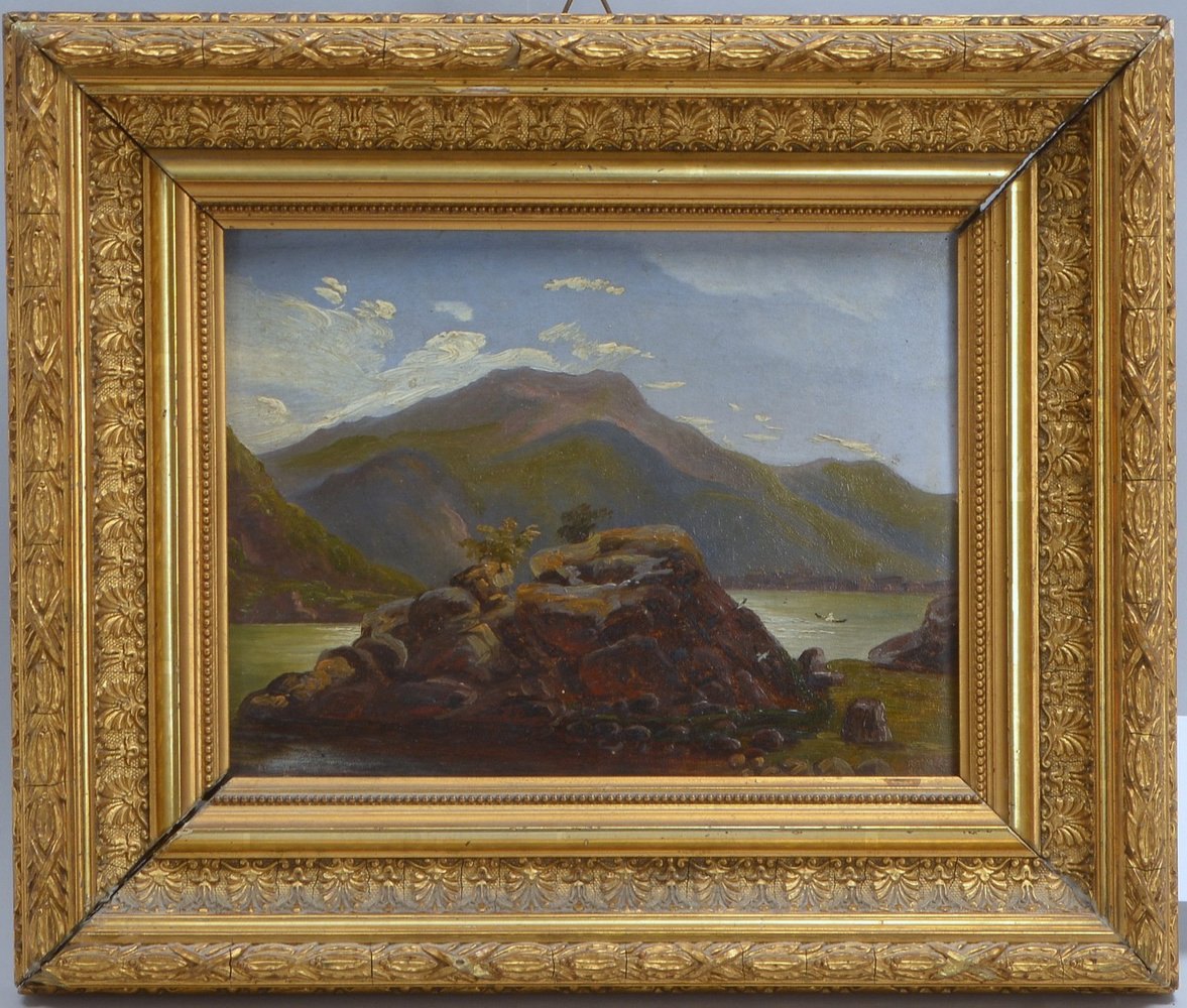 Gemälde, 'Bucht mit kleiner Felseninsel', Öl auf Malkarton, unsign.; Maße 17,5 x 23 cm