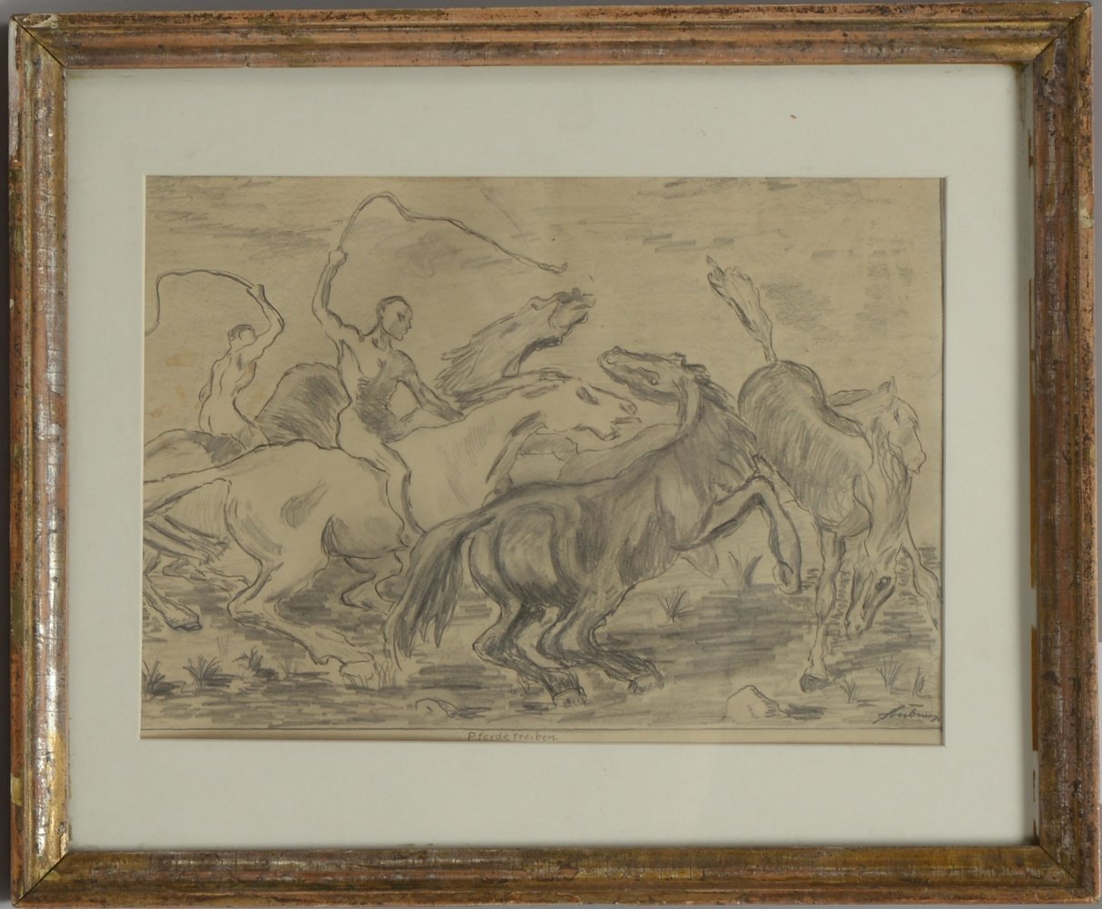 Bleistiftzeichnung, 'Pferdetreiben', sign., hinter Glas; Maße/Ausschnitt: 19 x 27 cm