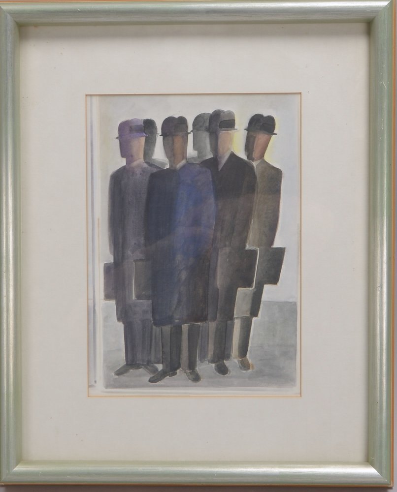 Trojevic, Vladimir, 'Herrengruppe mit Koffern', Aquarell, verso bez., hinter Glas