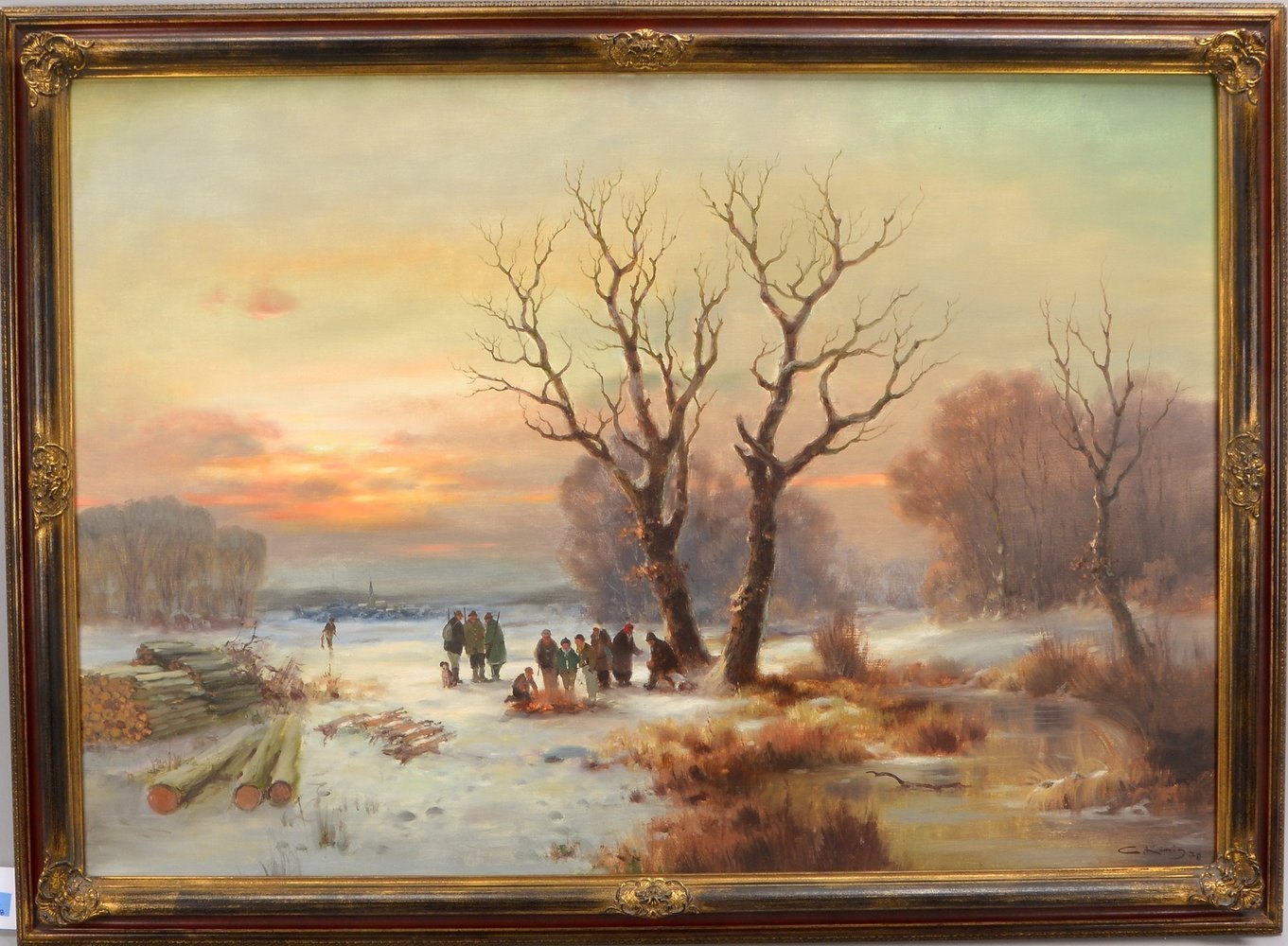 König, G., 'Jäger am Feuer in verschneiter Winterlandschaft', Öl/Lw