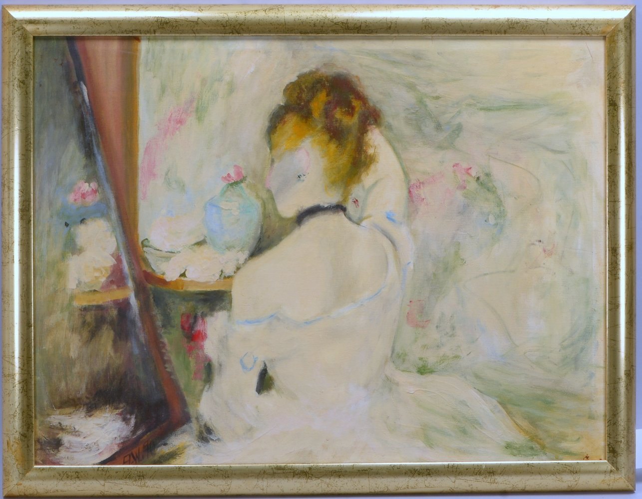 Monogr. A.W., 'Frau vorm Spiegel - Rückenansicht, Öl/Lw, monogr./dat.