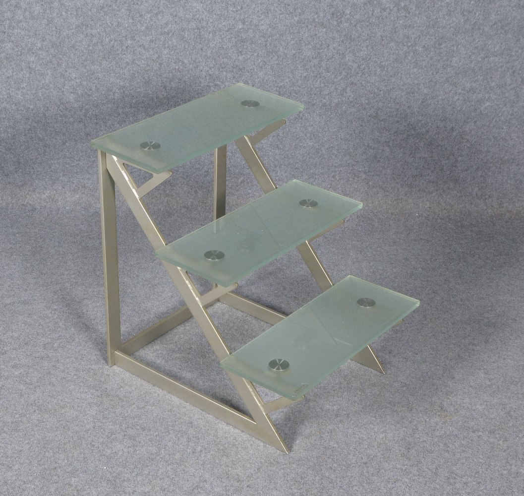 Chr. Kröncke, Designer-Bibliothekstreppe, Edelstahl matt., 3-stufig/mattiertes Glas