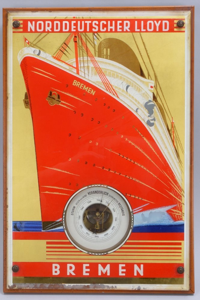 Sammler-Glasplakat (um 1937), 'NDL Bremen', mit Barometer, auf Holz mont., gest.