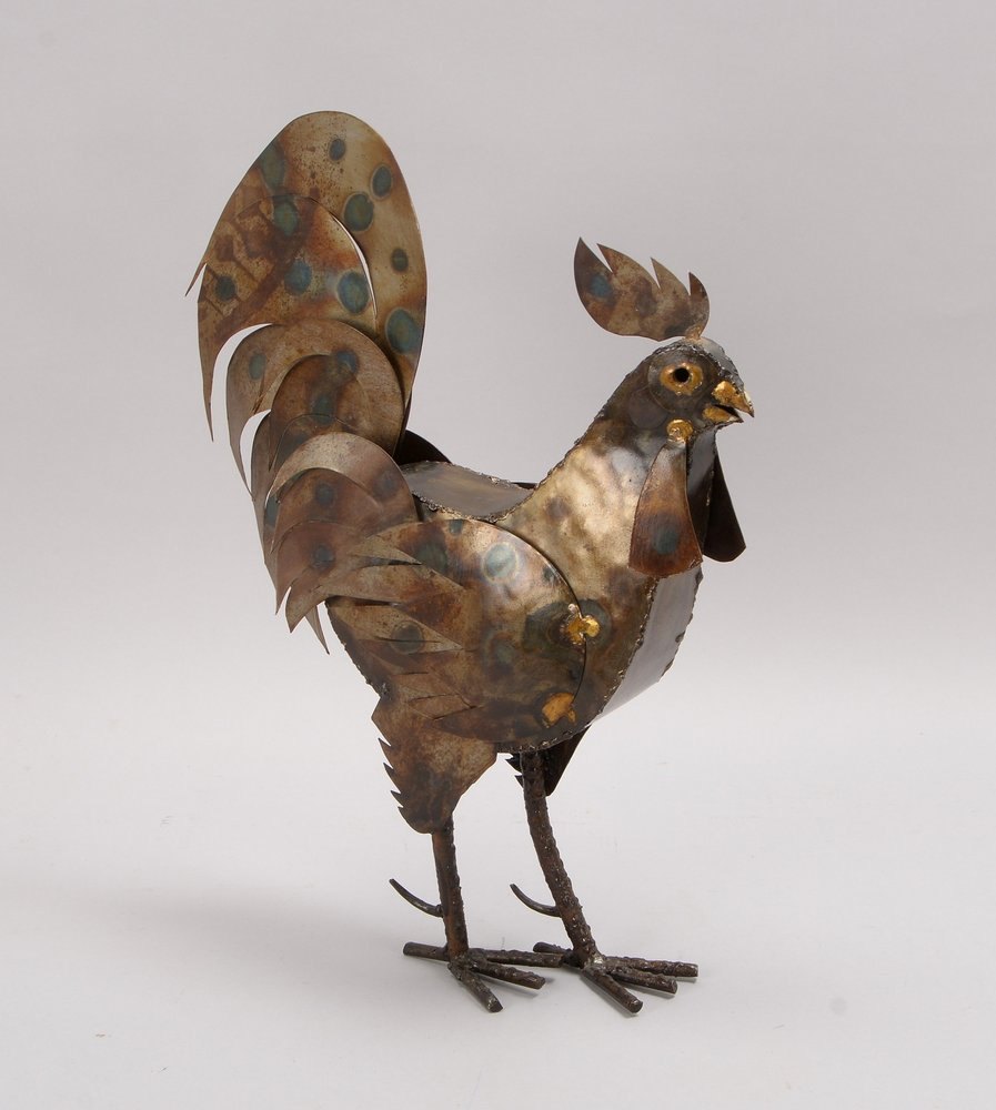 Metallskulptur, 'Hahn', Metall handgearbeitet, partiell geflämmt; Höhe 39 cm