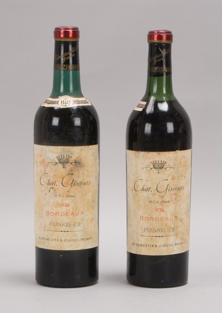 2x Rotwein (Bordeaux): 'Château Giscours, 3me Cru Classé', 1936, 0,75 l