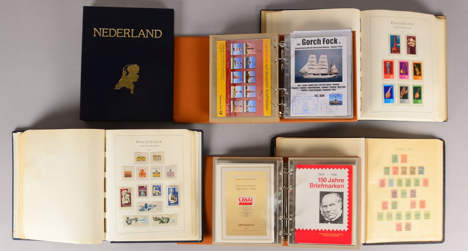 Briefmarken: 'Deutsches Reich', 2x umfangr. 'DDR' ab Beginn, 2x 'Ersttagsbl.'