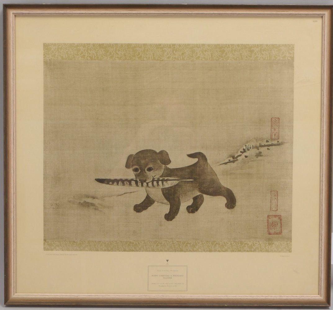 Kunstdruck (Korea), 'Puppy Playing with a Pheasant Feather', hinter Glas; 51 x 56 cm