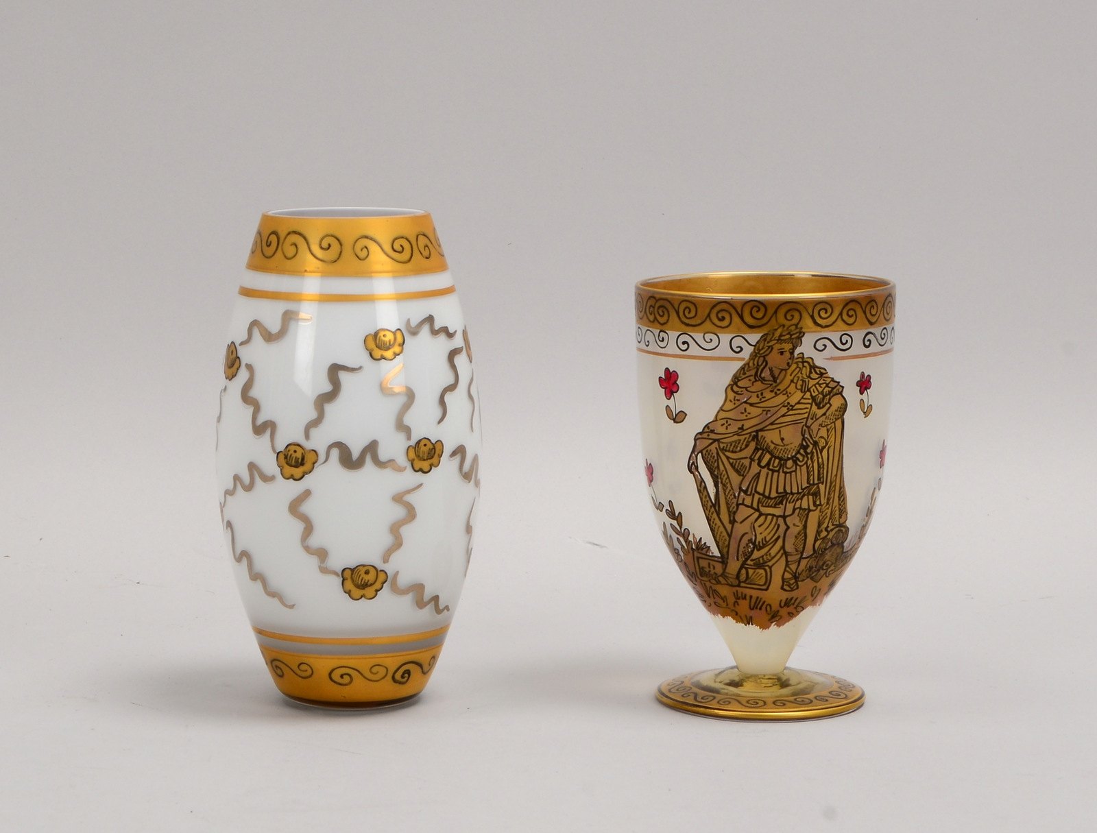 Gabbiani/Murano, Pokalglas und Tischvase, feine Handbemalung/goldstaff.