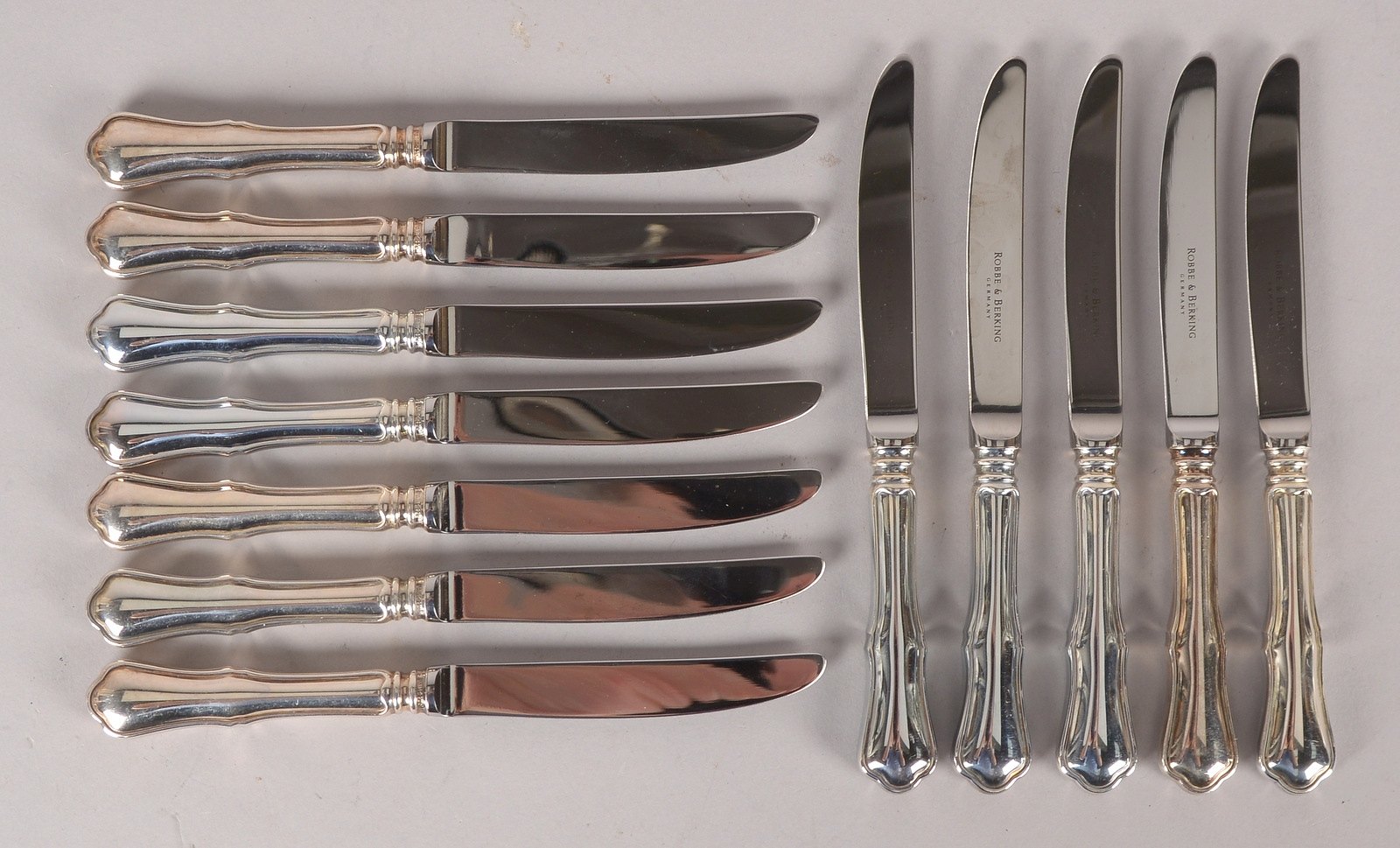 Robbe & Berking, 12x Obstmesser, Griffe 925 Sterlingsilber, mit orig. Klingen