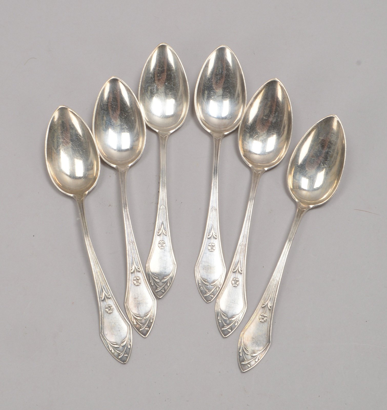 Satz Teelöffel (Jugendstil), 800 Silber, florales Dekor, 6 Stück; Gewicht 102 g