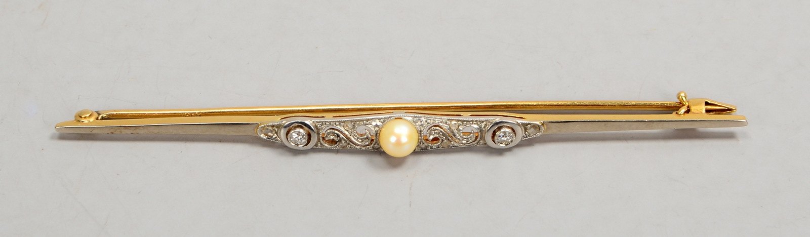 Brosche (Art déco), 750 GG/WG (gest.), mit einzelner Perle und Diamanten