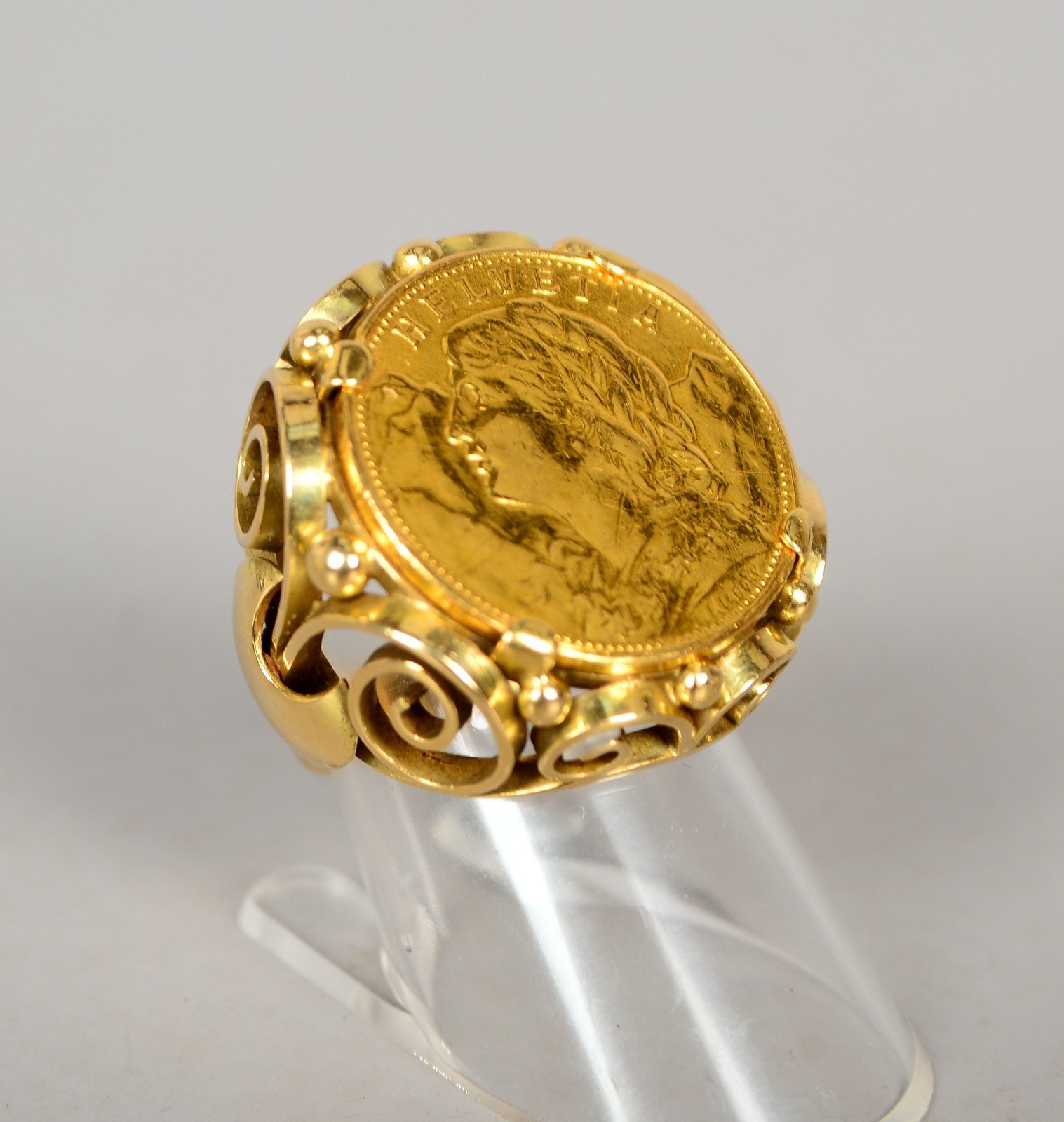 Münzring, 585 GG (gest.), mit Goldmünze:, '20 Franken/Vreneli, 1925'