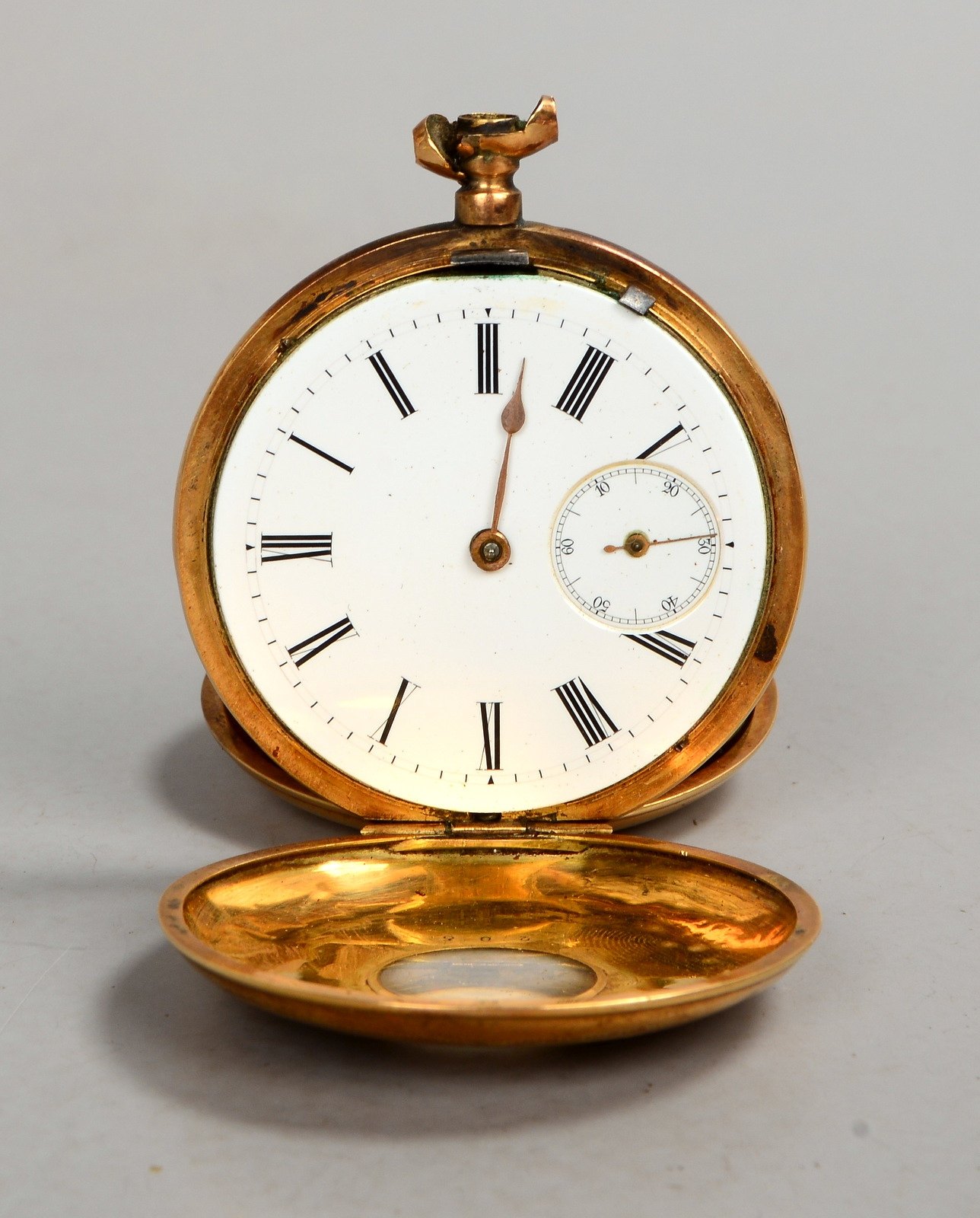 Taschenuhr, 585 Gold-Gehäuse mit Sichtfenster, Metall-Innendeckel; Ø 48 mm, Gew. 87 g