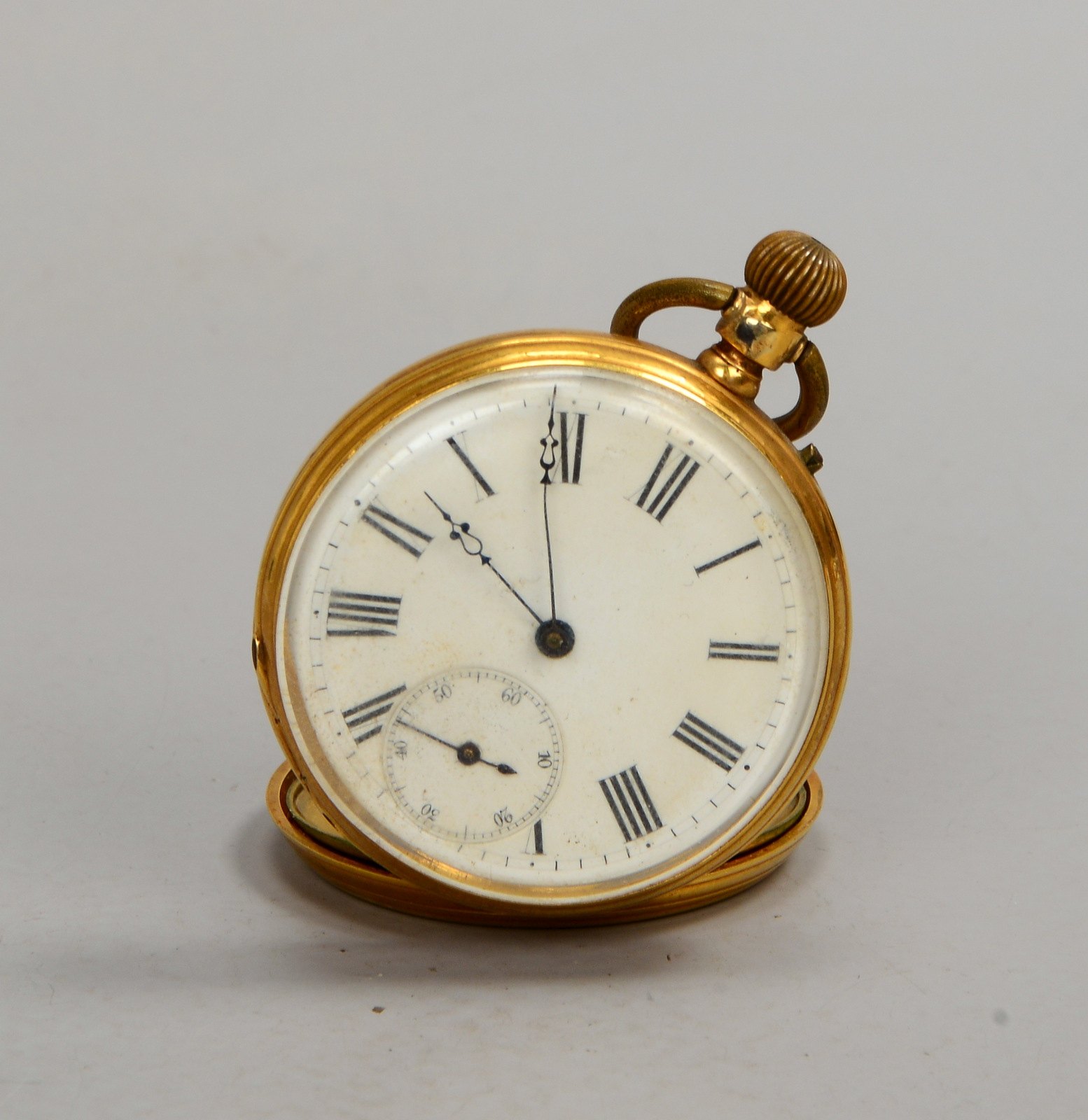 Taschenuhr, 585 Gold-Gehäuse, Metall-Innendeckel; Ø 46 mm, Gew. 81 g (Uhr defekt!)