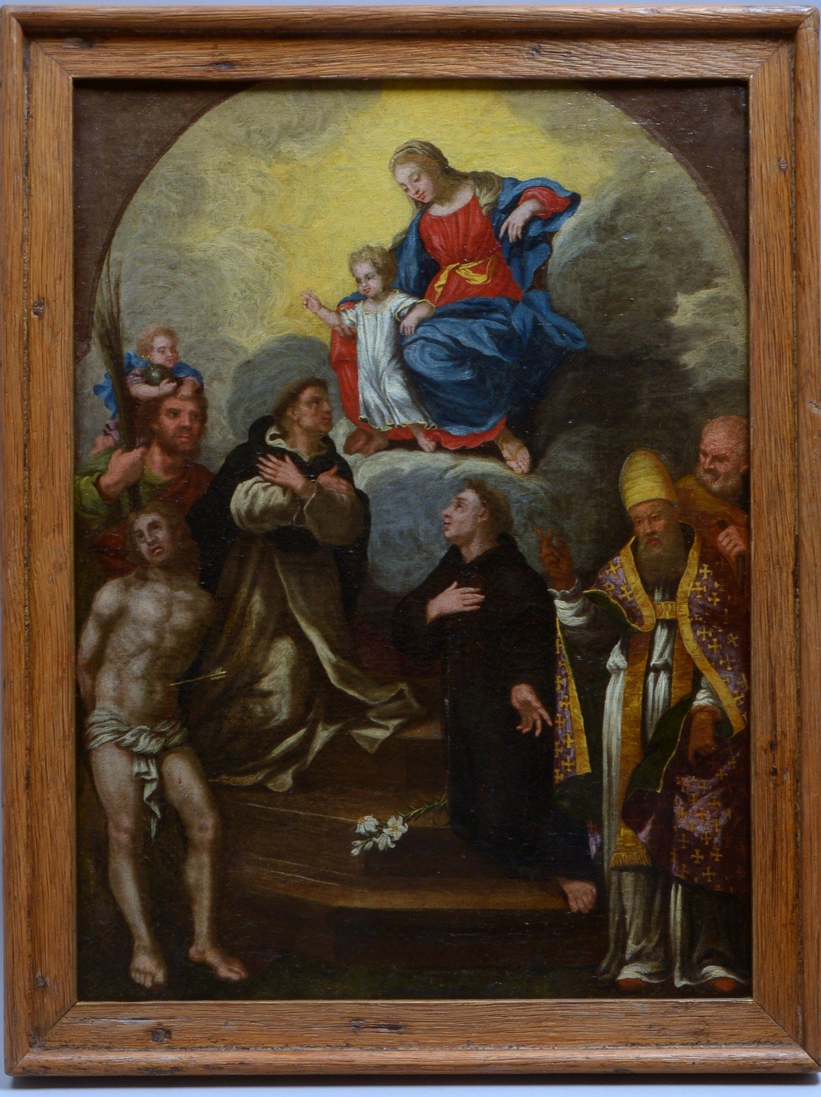 Gemälde, 'Sechs Heilige als Fürbitter vor der Madonna', Öl/Lw, doubliert/gerahmt, unsign.