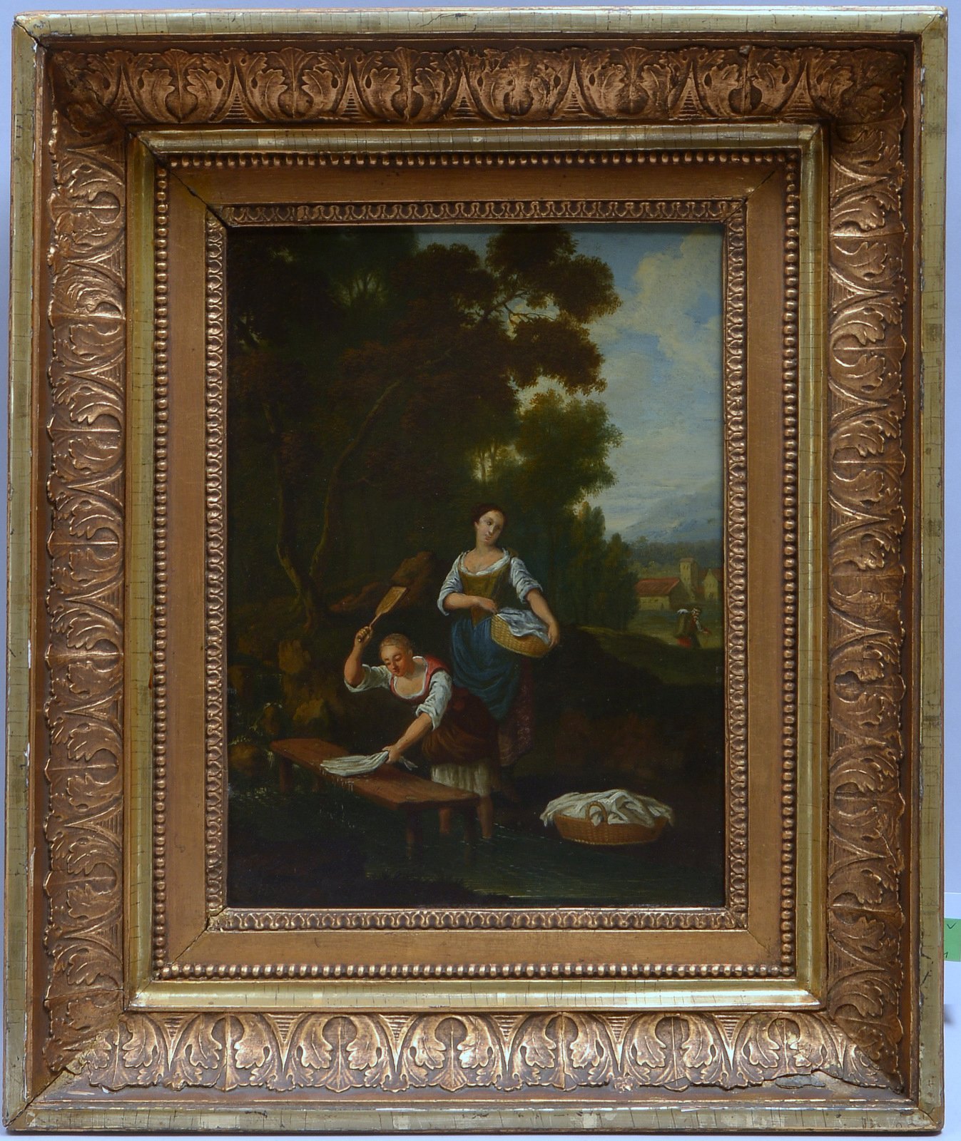 Monogrammist H.v.W. (um 1800), 'Wäscherinnen', Öl auf Holz/ger., monogr.
