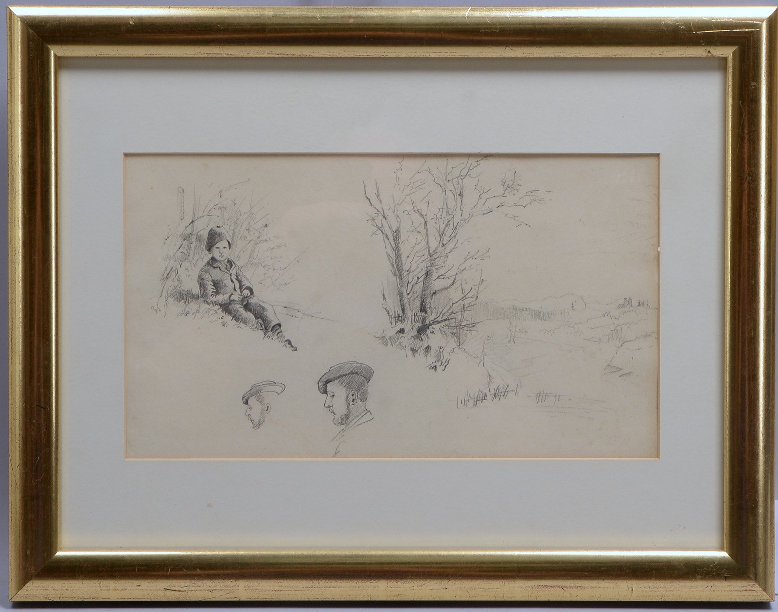 am Ende, Hans, 'Hütejunge in Landschaft', Bleistiftzeichnung, unsign., hinter Glas