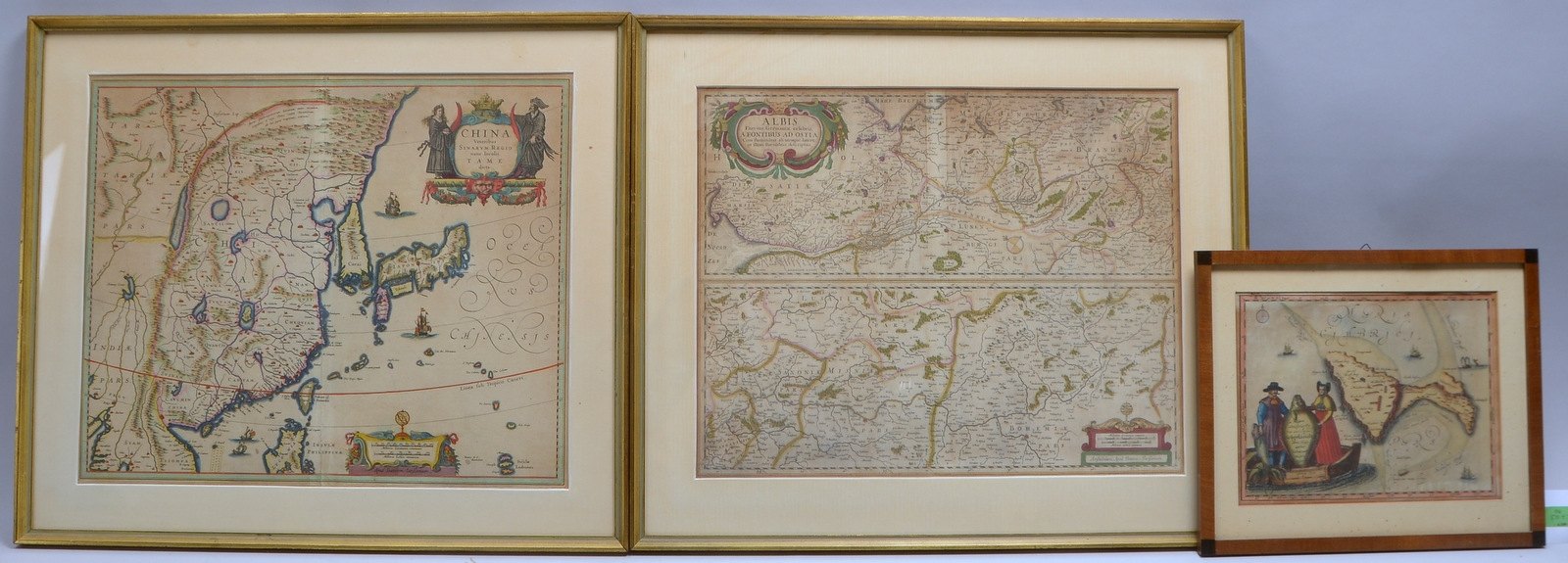 3x Kupferstiche, Landkarten: 'China', 'Helgoland', und 'Elbe', handkol., hinter Glas