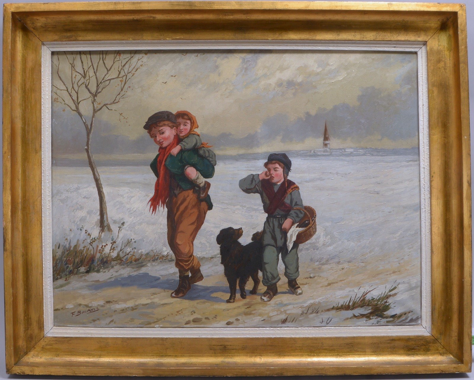 Backvis, F., 'Winterbild mit Kinderpaar und Hund', Öl/Lw, unten links signiert