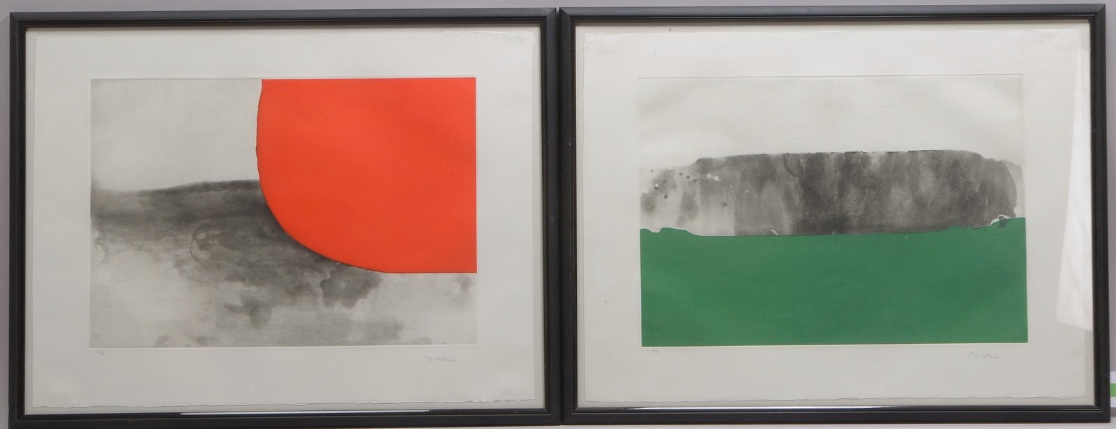 Borrell, Alfons, 2 Farbradierungen: 'Landschaftskompos. mit Rot/Grün', sign., hinter Glas