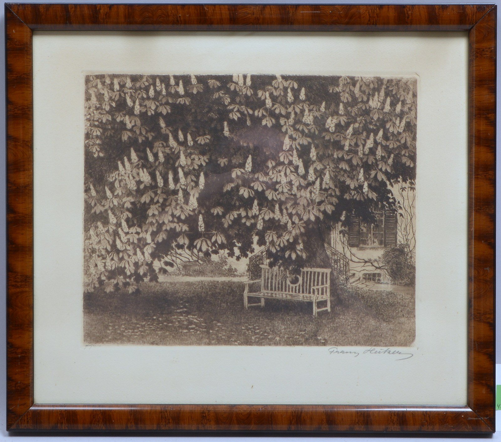 Heiken, Franz, 'Bank unter blühendem Kastanienbaum', Radierung, sign., hinter Glas