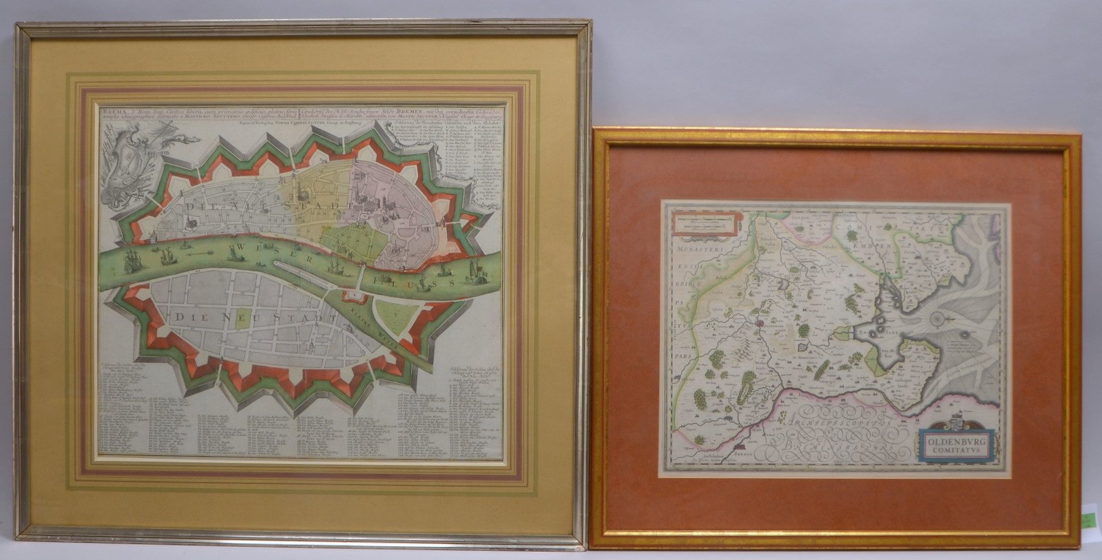 2 Landkarten, 'Bremen' und 'Oldenburg', Kupferstiche/grenzkol., unter PP hinter Glas