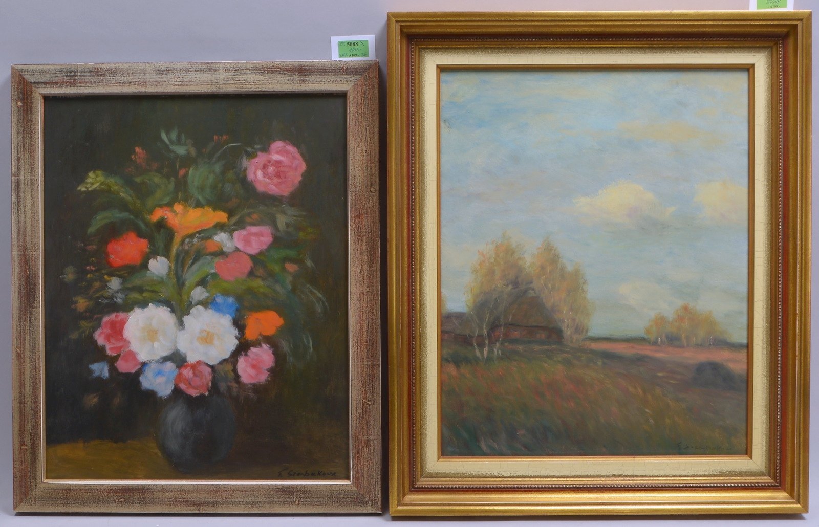 Szerbakow, Feodor, 2 Gemälde, Öl/Hf, sign.: 'Worpsweder Bauenkate' und 'Blumenstrauß'