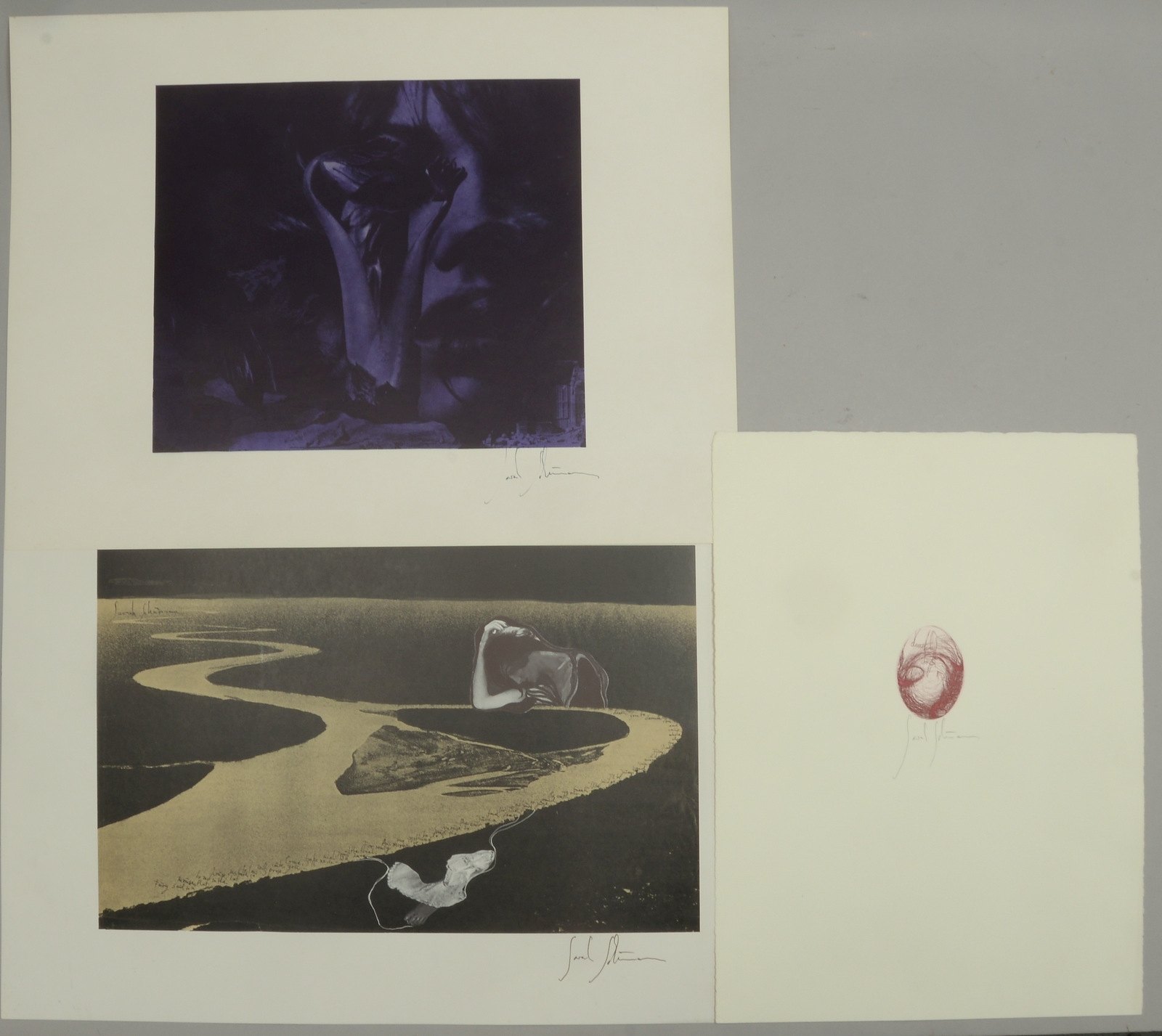Schumann, Sarah, kl. Grafikkonvolut: Radierung und 2x Farbserigrafien, jeweils sign.