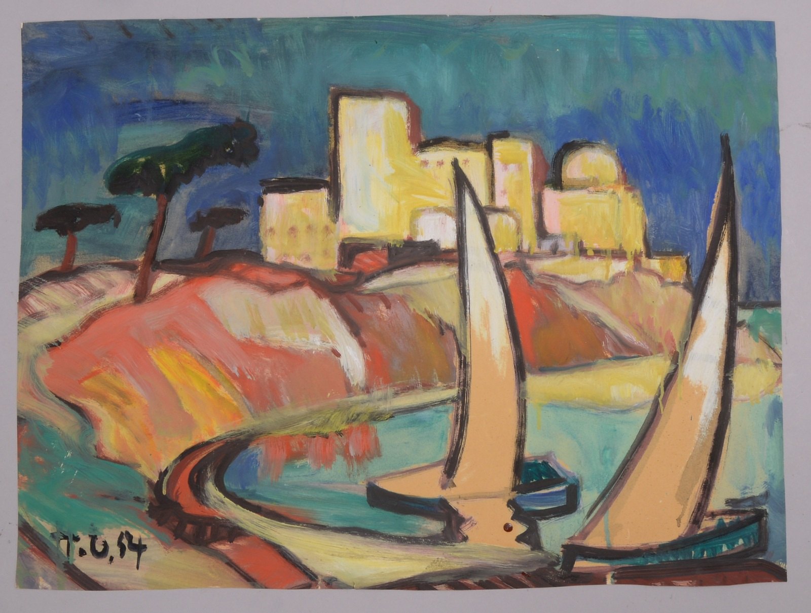 Monogrammist, 'Segelboote vor mediterr. Küstendorf', Acryl auf Papier, monogr./dat.