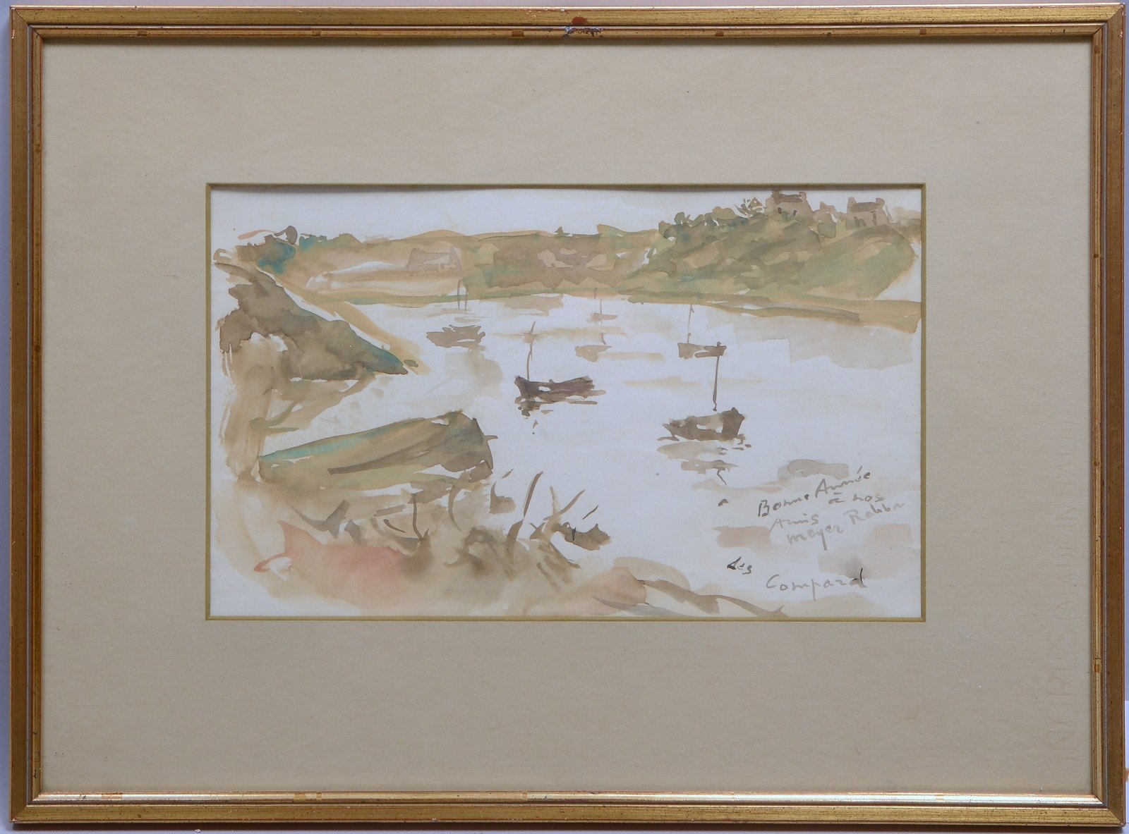 Compard, Émile, 'Seenlandschaft mit Segelbooten', Aquarell, sign., hinter Glas
