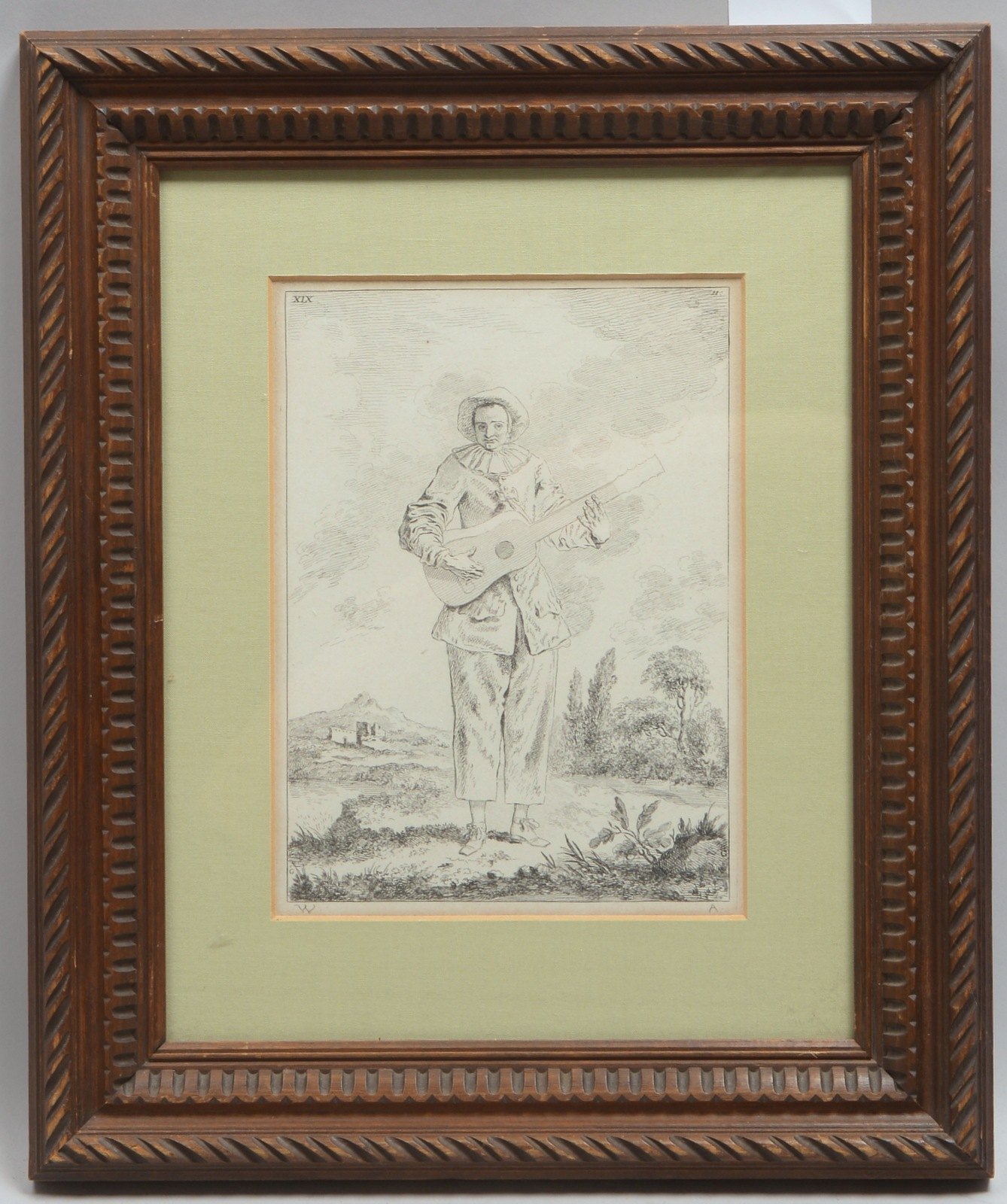 Audran, Jean, 'Musikant', Kupferstich (um 1735 - nach Antoine Watteau), hinter Glas