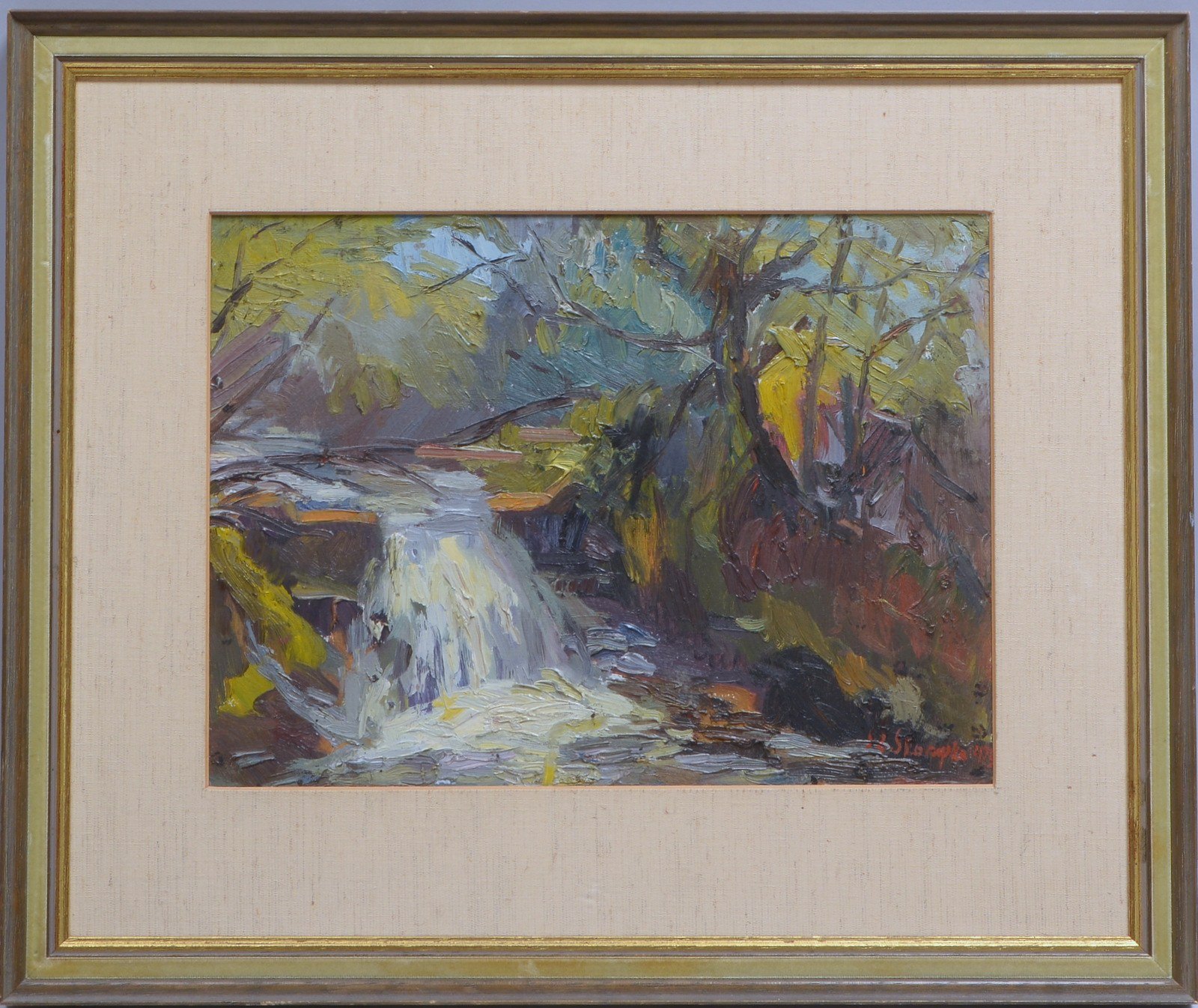 Skorupka, Szczepan, 'Wasserfall im Wald', Öl auf Platte/gerahmt, sign. und dat. '1993'