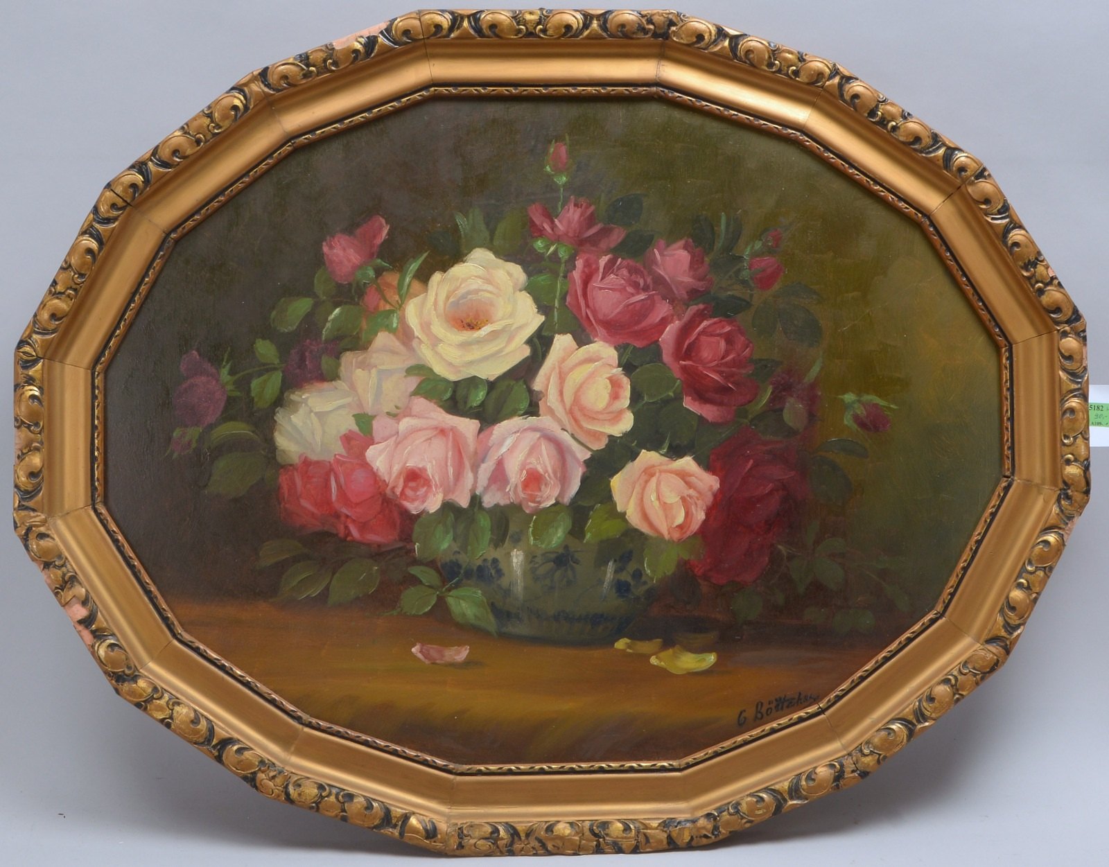Böttcher, G. 'Bllumenstillleben mit Rosen', Öl auf Malkarton, unten re. sign.