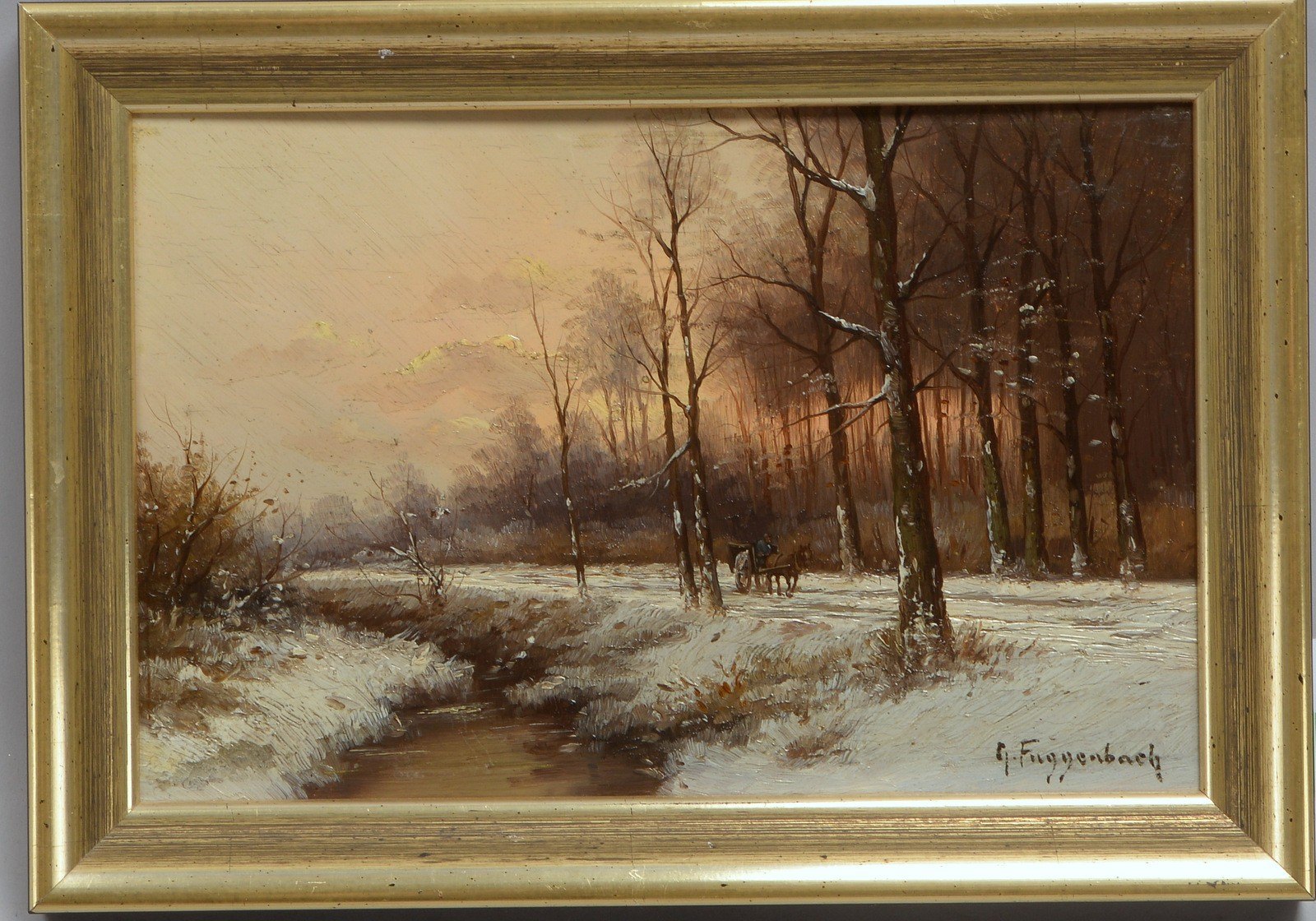 Fuggenbach, H., 'Pferdefuhrwerk in winterl. Landschaft', Öl auf Holz, unten re. sign.