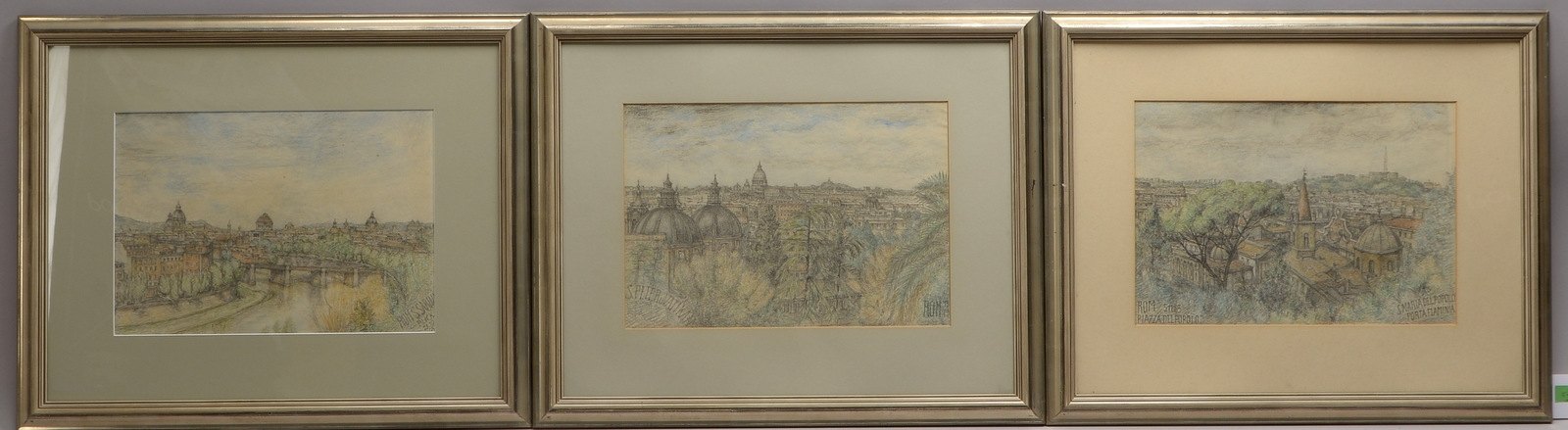 3 Bleistift-/Buntstiftzeichnungen, 'Ansichten von Rom', versch. Motive, hinter Glas